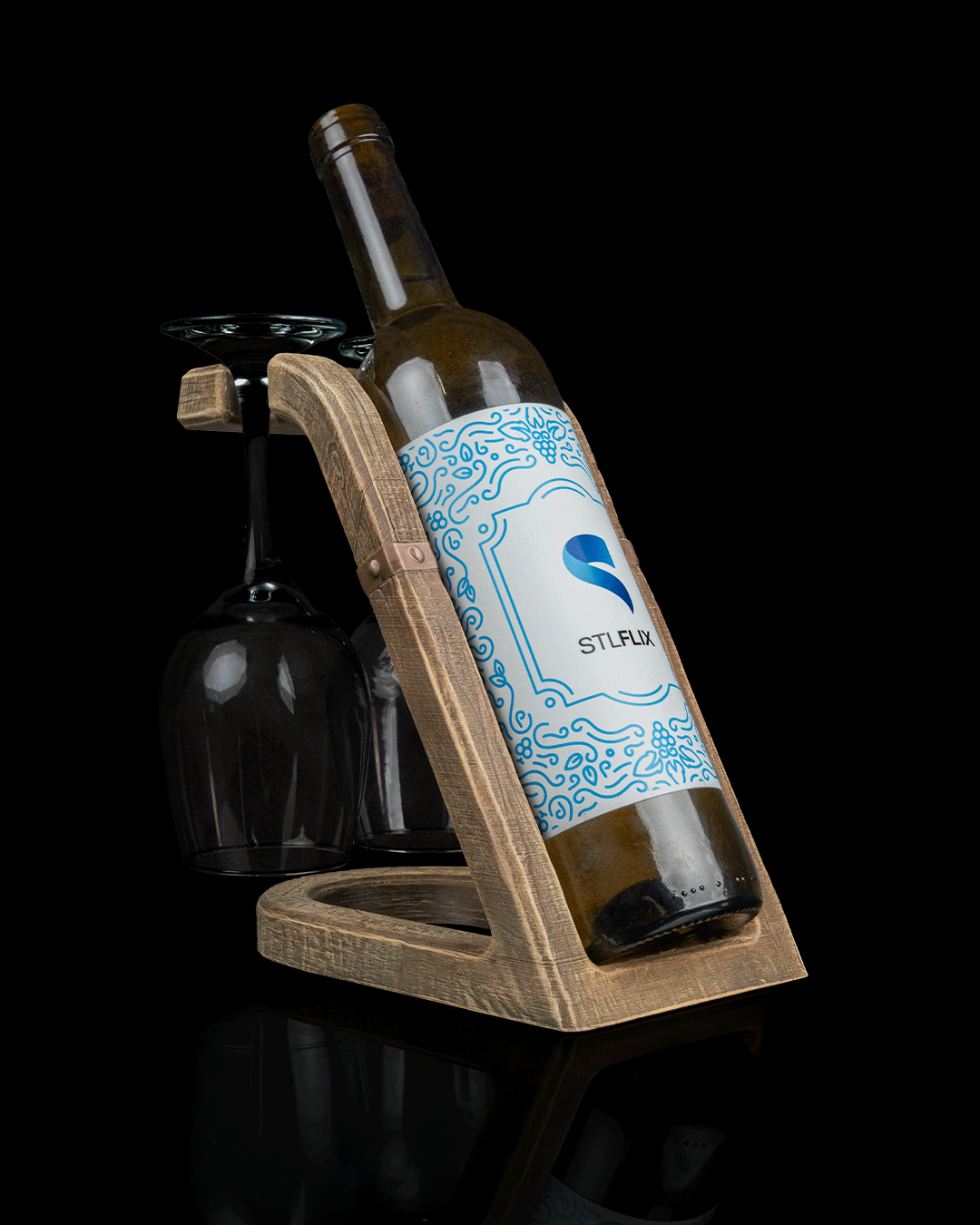 Oak Rest wine bottle and glass holder