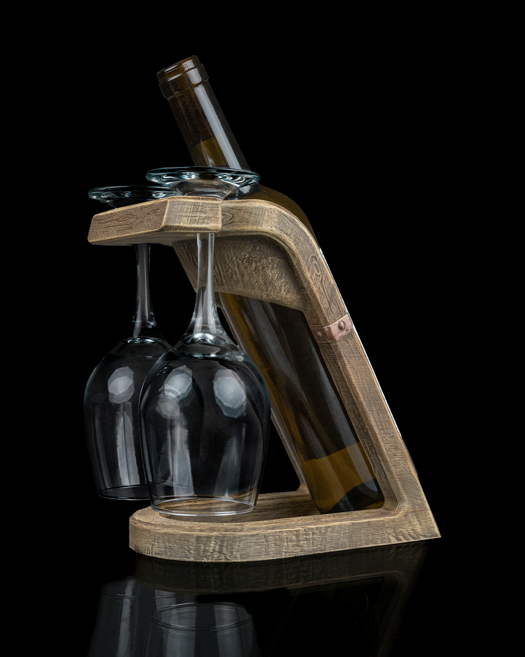 Oak Rest wine bottle and glass holder